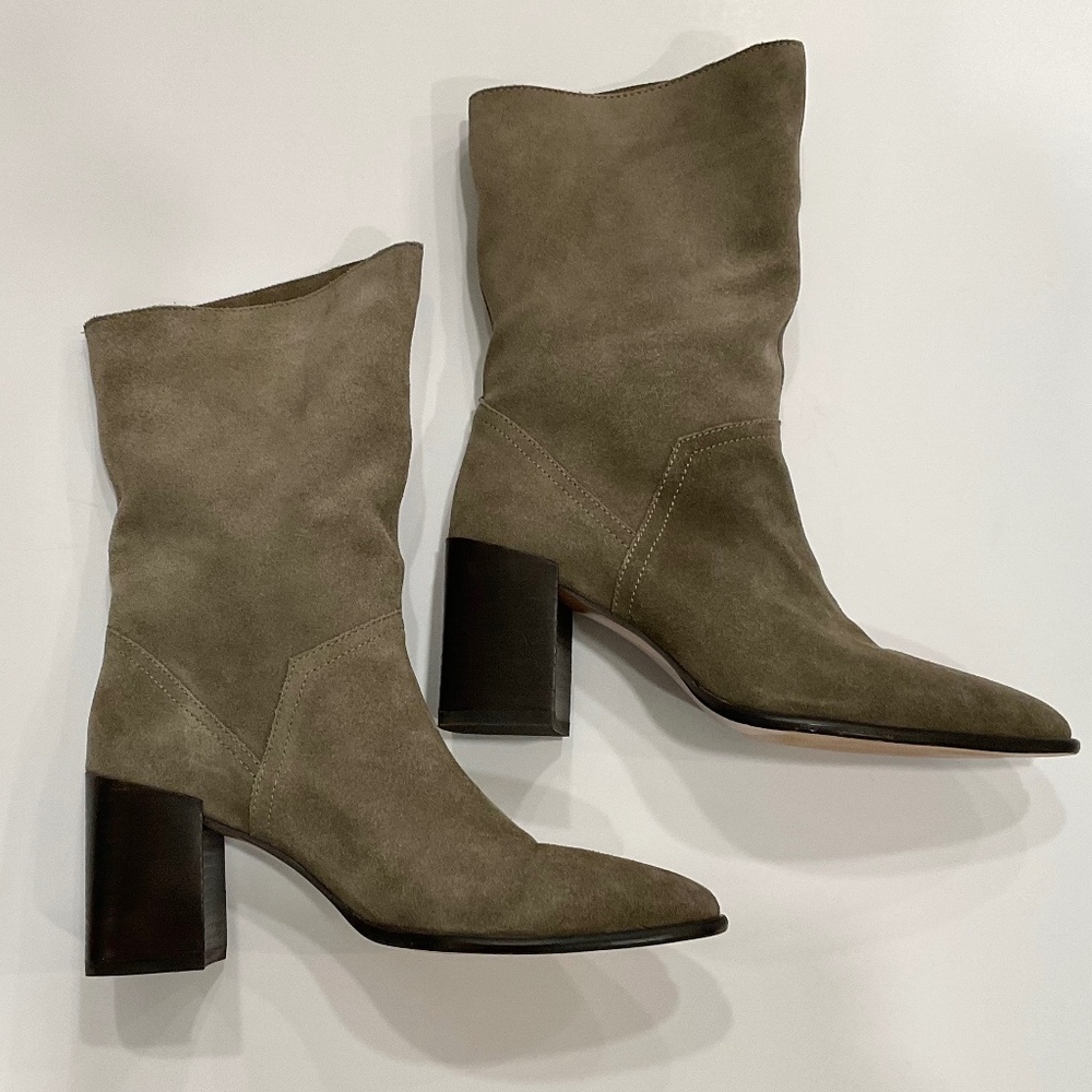 ZARA Leather Heeled Boots Olive Green Size 6.5 EU 37
